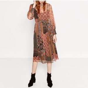 Zara floral patchwork sheer long sleeve boho midi dress.